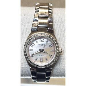 Fossil AM-4175 Pink MoP & Crystals Date Dial Stainless Steel‎ Womens 28mm Watch